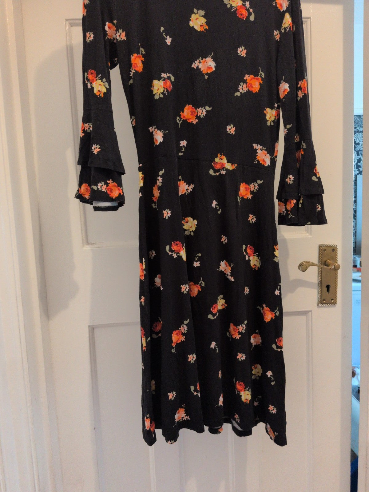 Warehouse 10 Black Orange Floral Long Sleeve Dress Flared