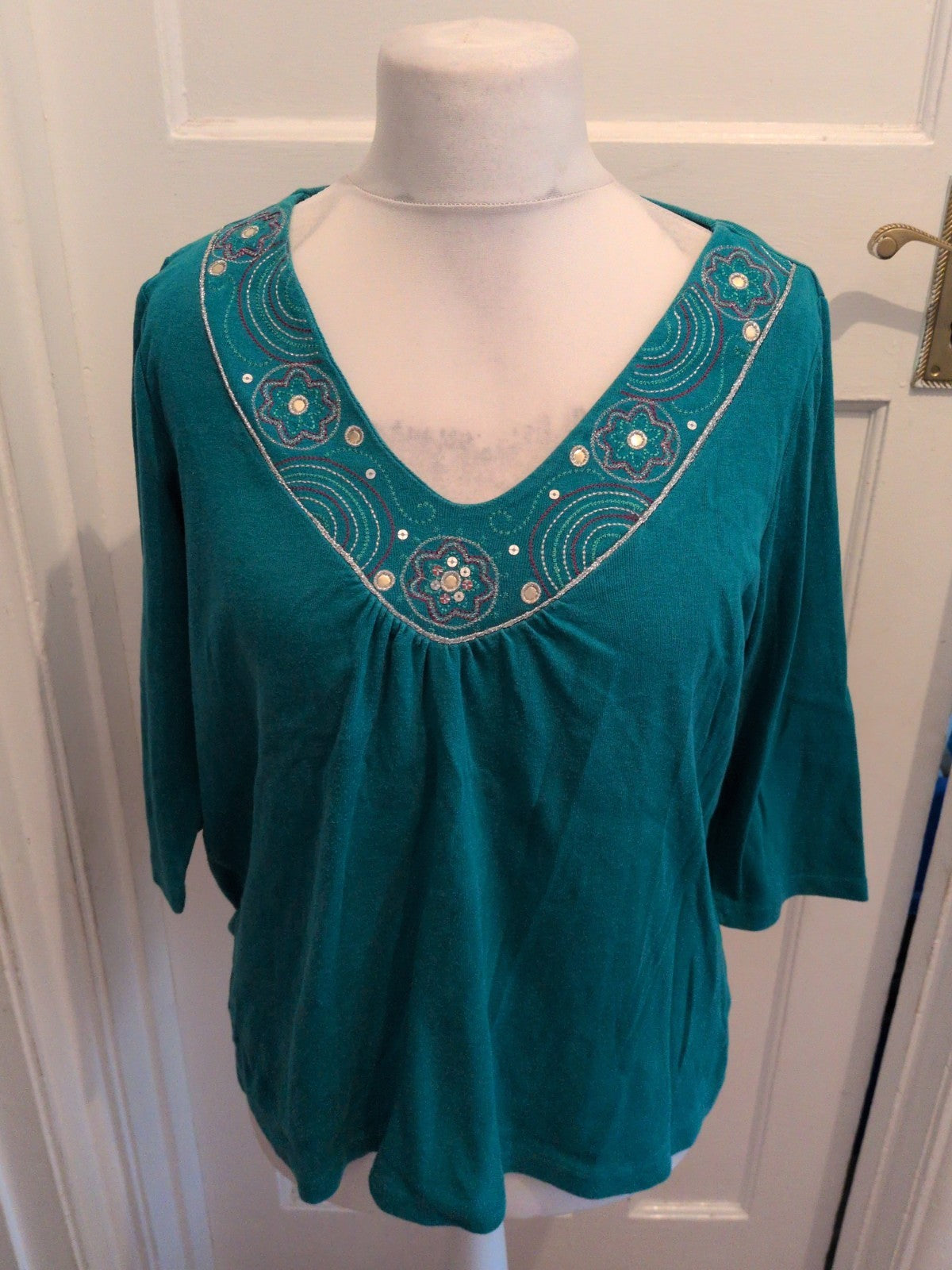 Essence 18 Teal V Neck With Patterned Neck Long Sleeve Blouse