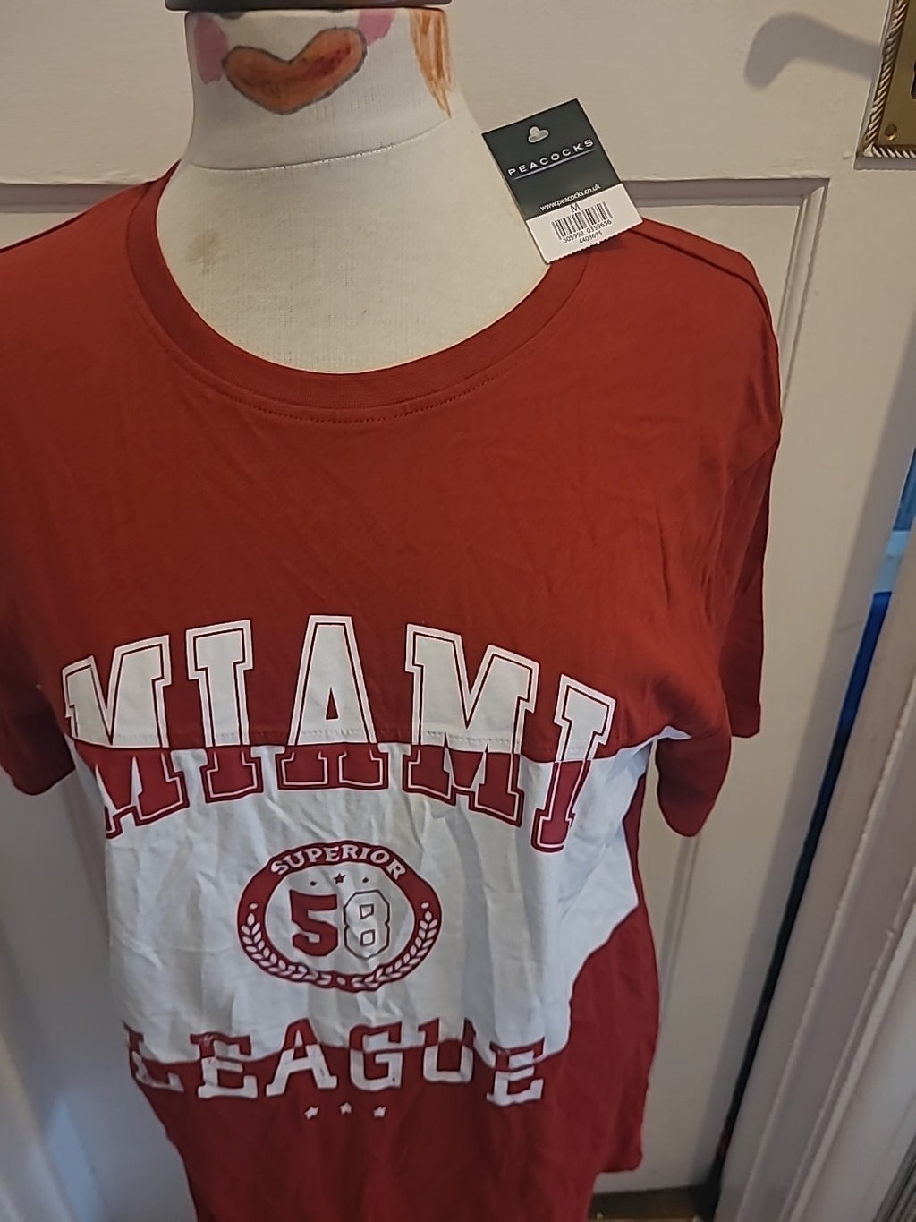 Brand New Mens Peacocks Size Medium Red White "Miami" Tshirt