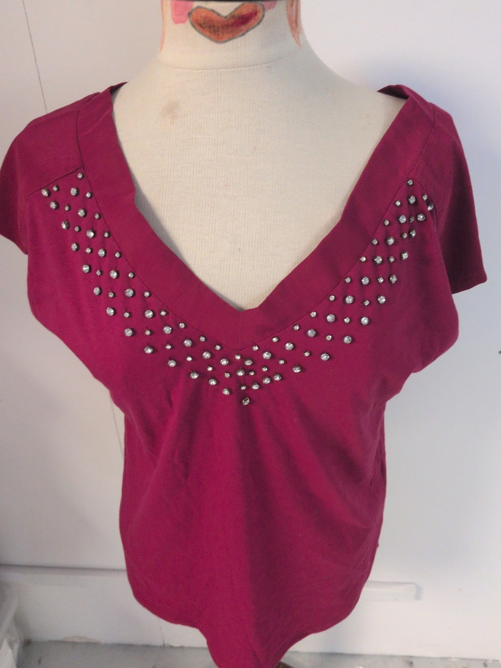 Cortefiel 8 Deep Pink With Silver Diamante Short Sleeve V Neck Blouse
