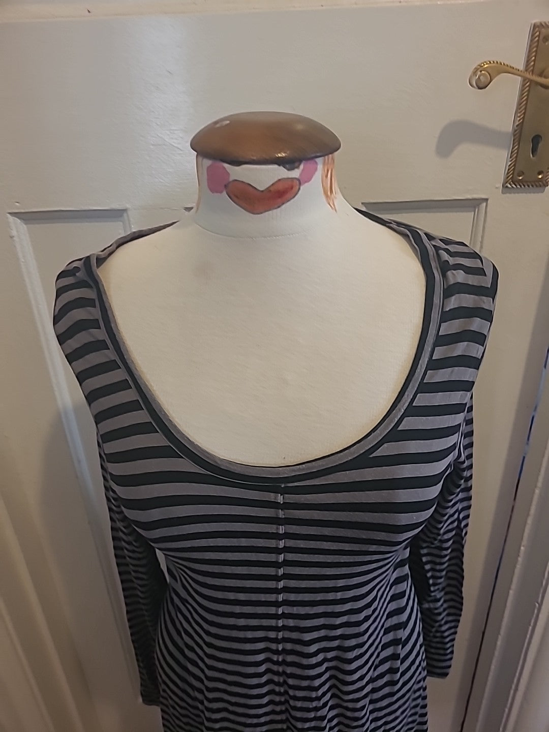 Ladies Earth Size Small Grey Black Striped Long Sleeved Dress