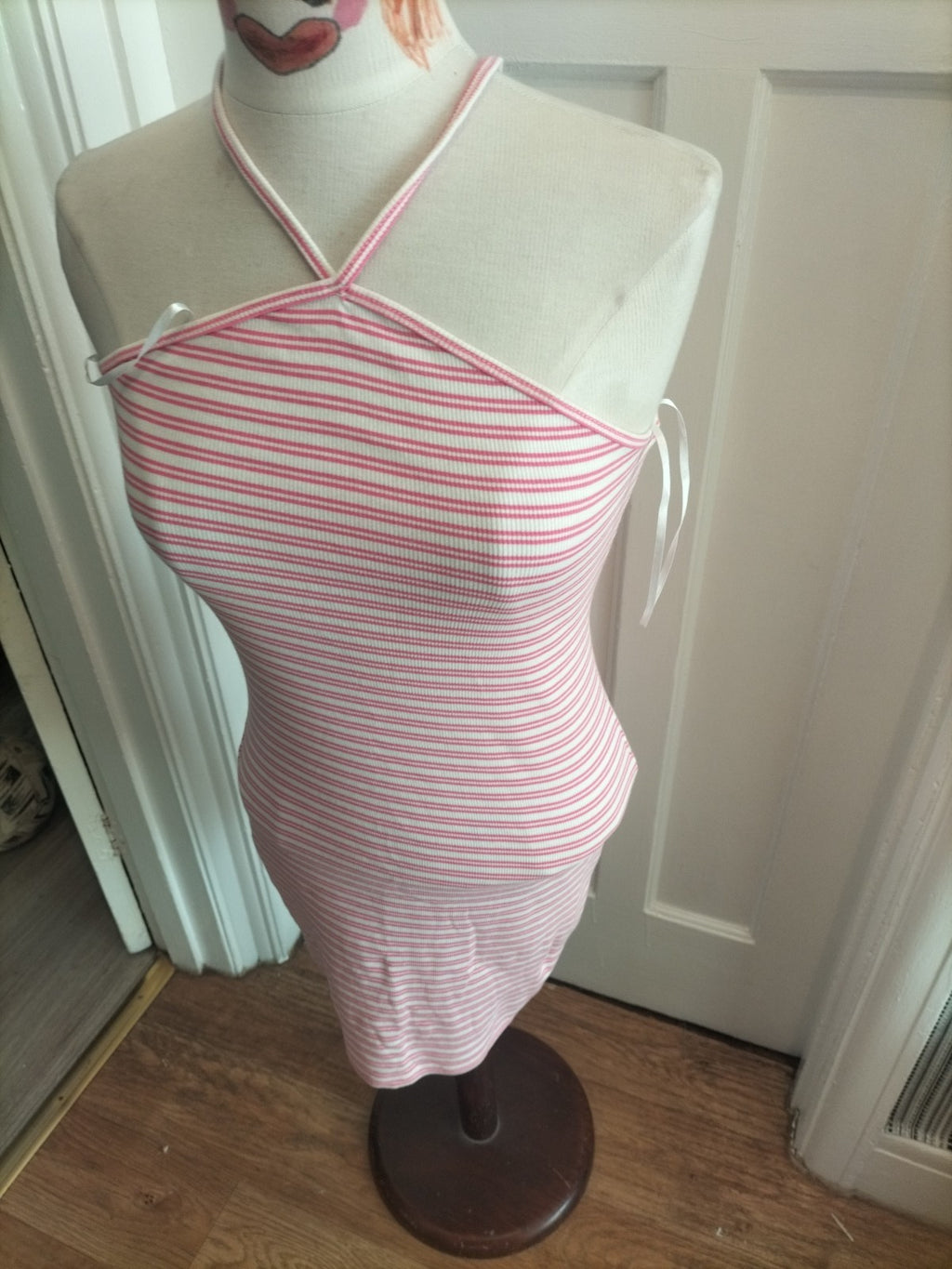 Ladies New Look Size 10 Pink White Striped Halterneck Dress