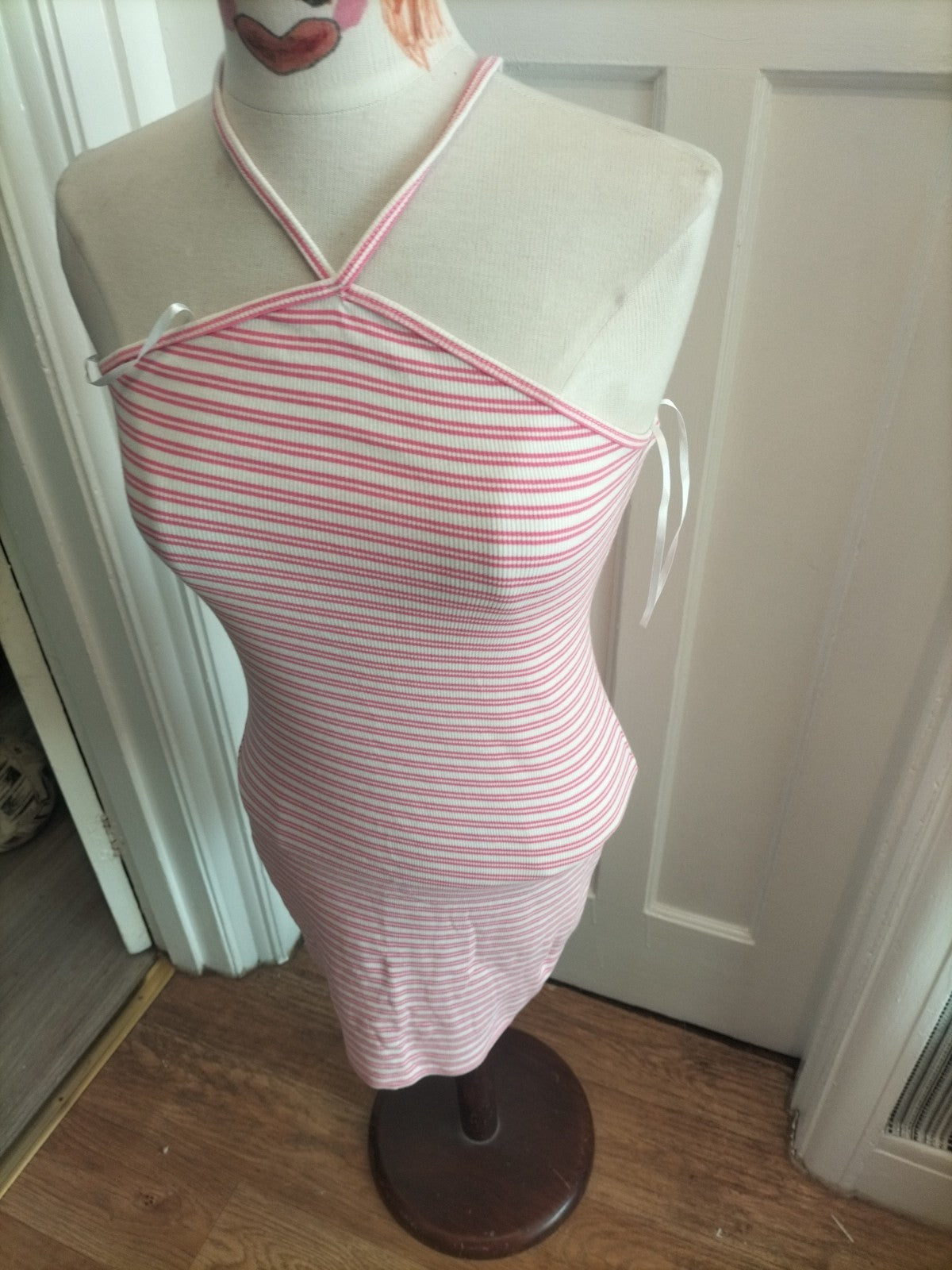 Ladies New Look Size 10 Pink White Striped Halterneck Dress
