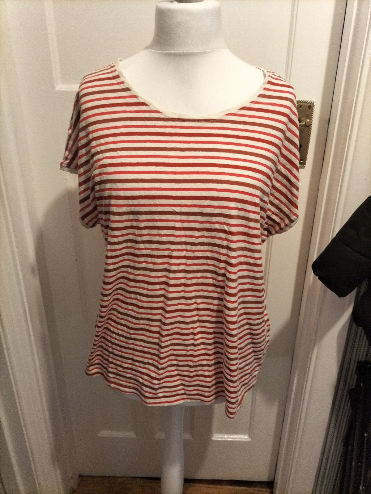 Ladies Next Size 16 Red Pink And White Striped Shrot Sleeved Blouse