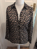 Ladies H&M Size 10 Black Floral Semi See Through Long Sleeve Buttoned Blouse