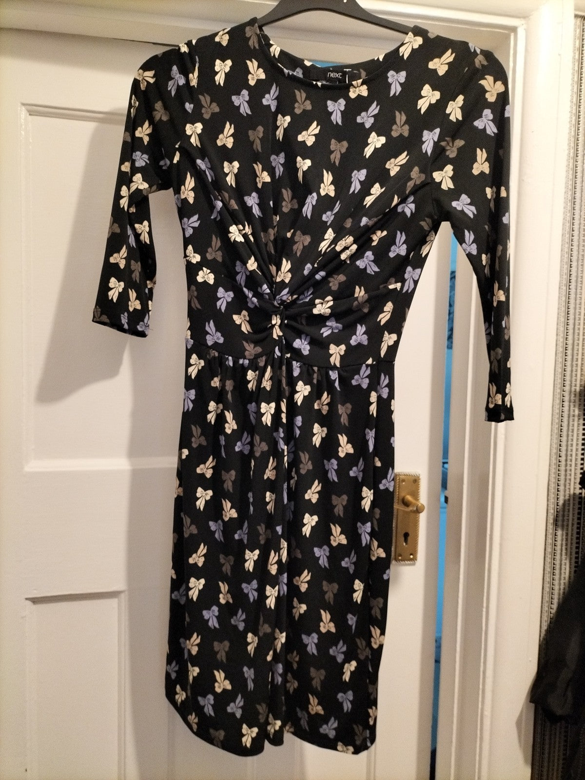 Ladies Next Size 8 Black Bow Pattern 3/4 Sleeved Dress