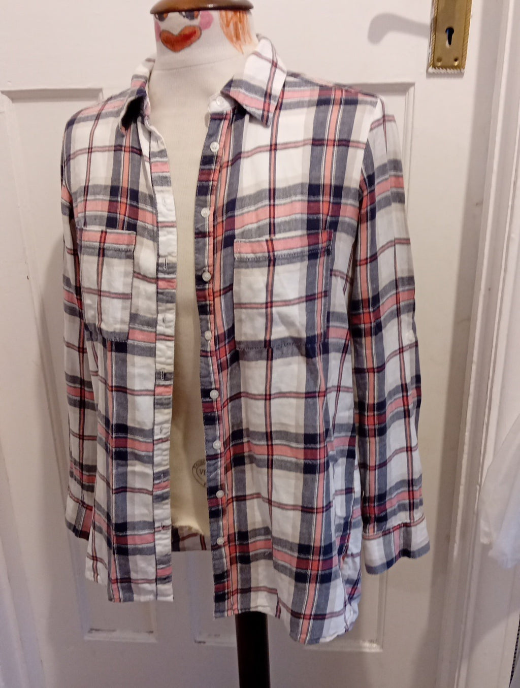 Ladies Select Size 8 Pink/Grey Check Long Sleeved Buttoned Blouse