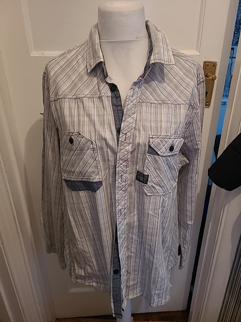Mens George Size XL Grey/White And Blue Striped Short Sleeved Shirt