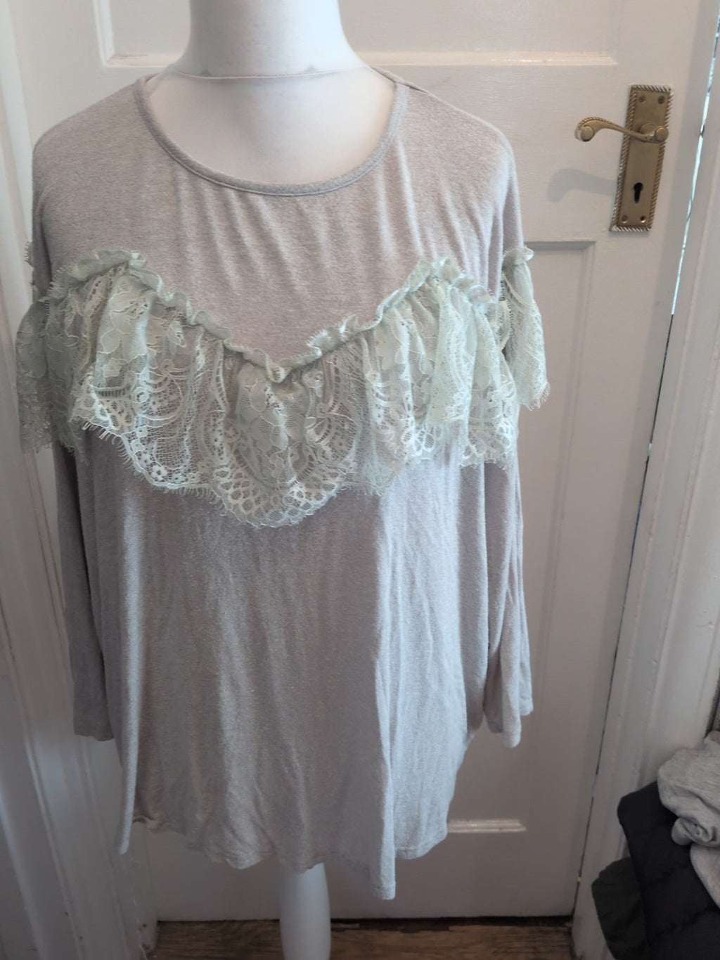 XL Grey With White Frill Long Sleeve Blouse