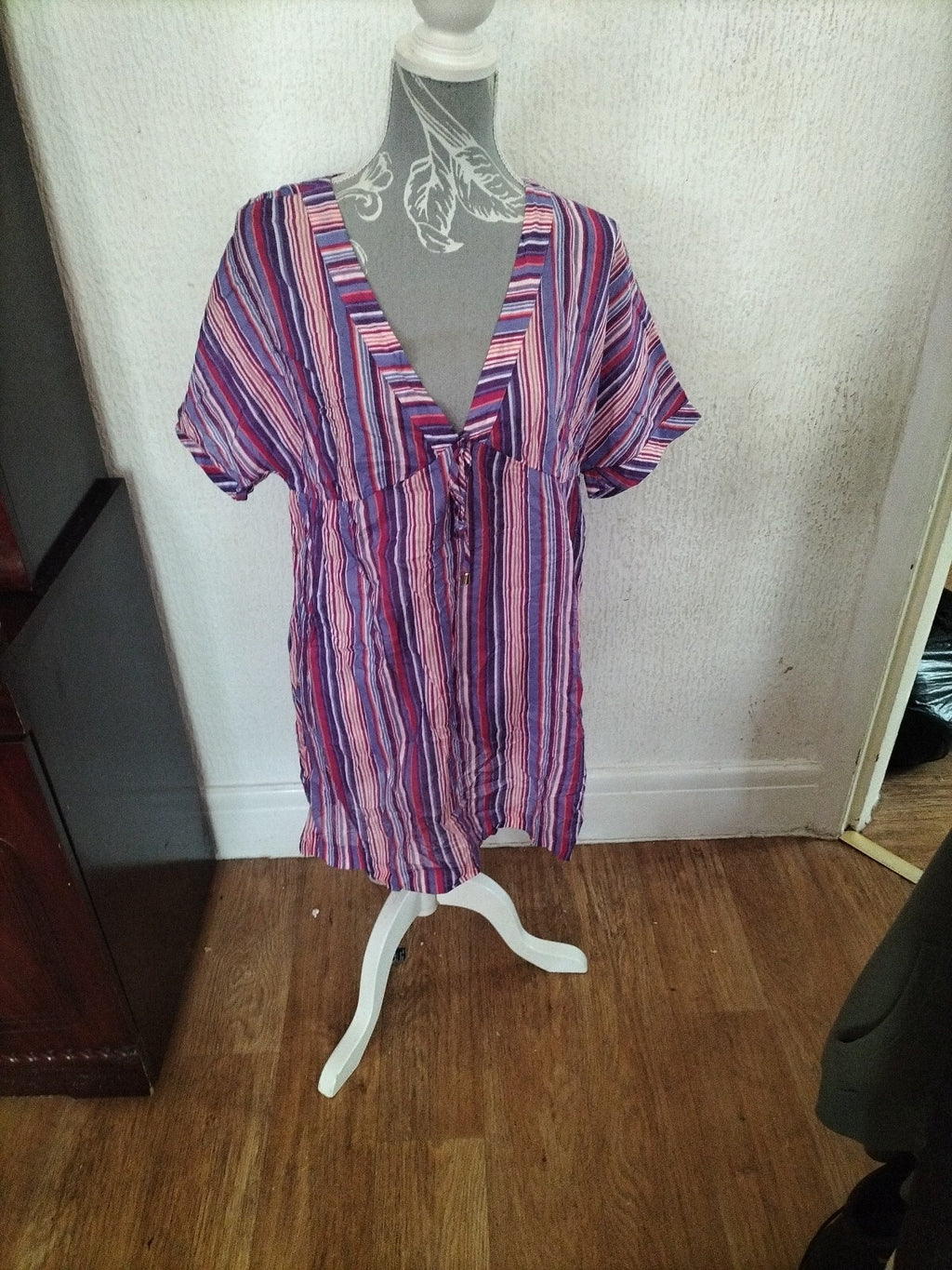 Ladies Per Una Size Small Purple Striped Short Sleeved Blouse