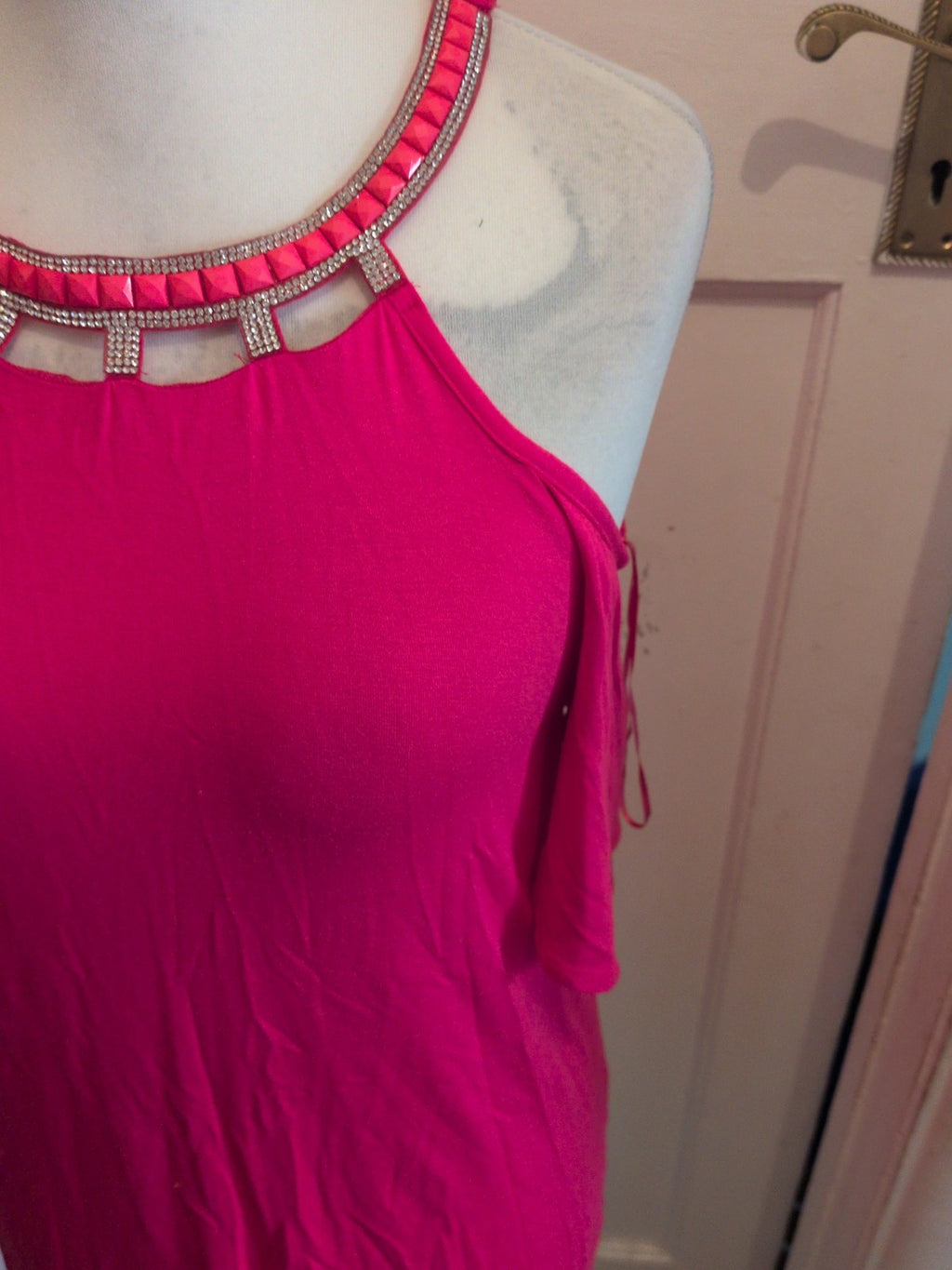 Ladies George Size 10 Hot Pink With Silver Diamante Rigid Neck T-shirt Short...