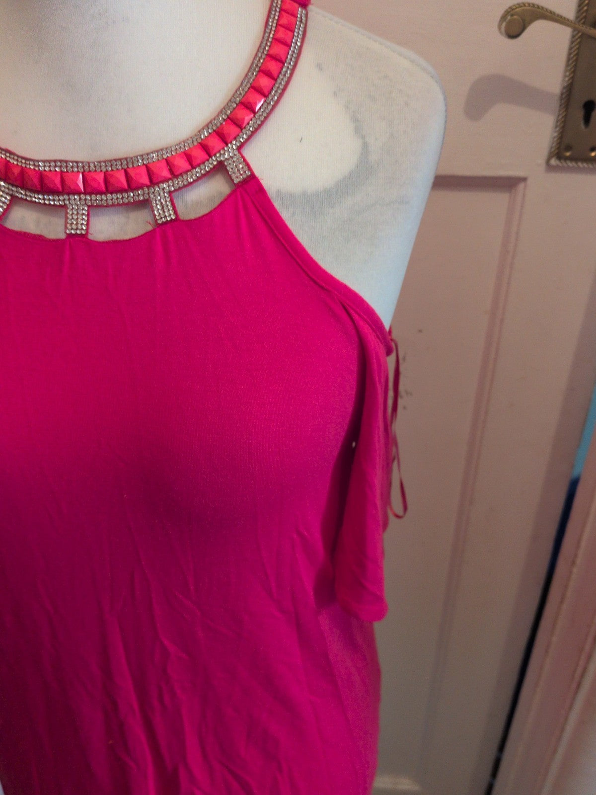 Ladies George Size 10 Hot Pink With Silver Diamante Rigid Neck T-shirt Short...