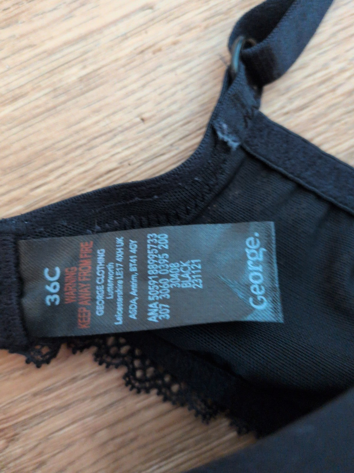 George 36C Black Padded And Under wired Bra Some Lace