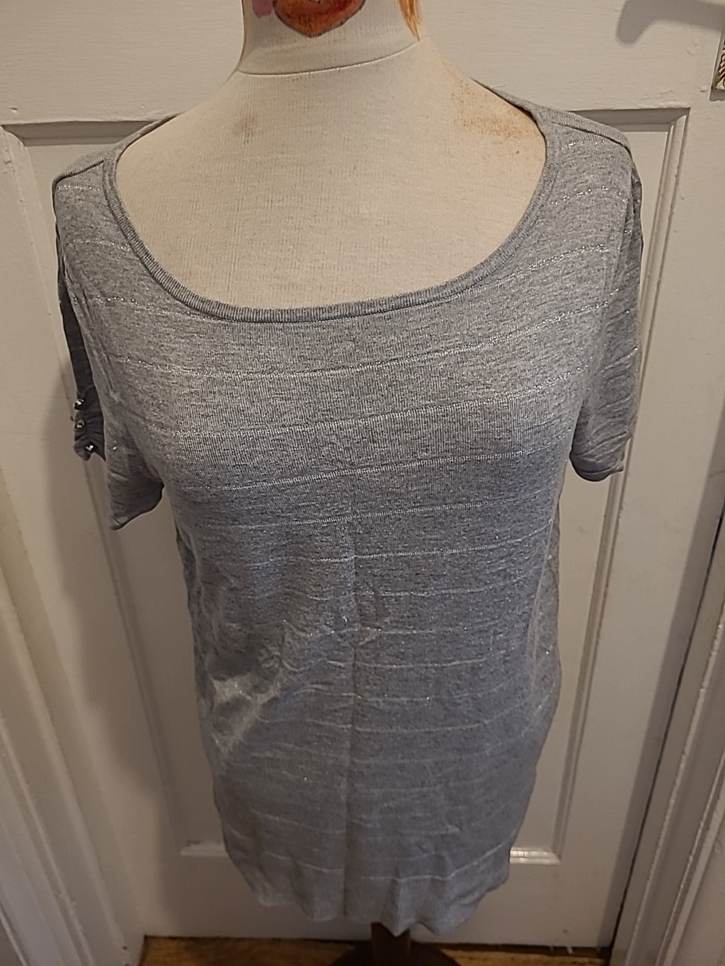 Ladies Size Medium Grey/Silver Striped Short Sleeved Tshirt
