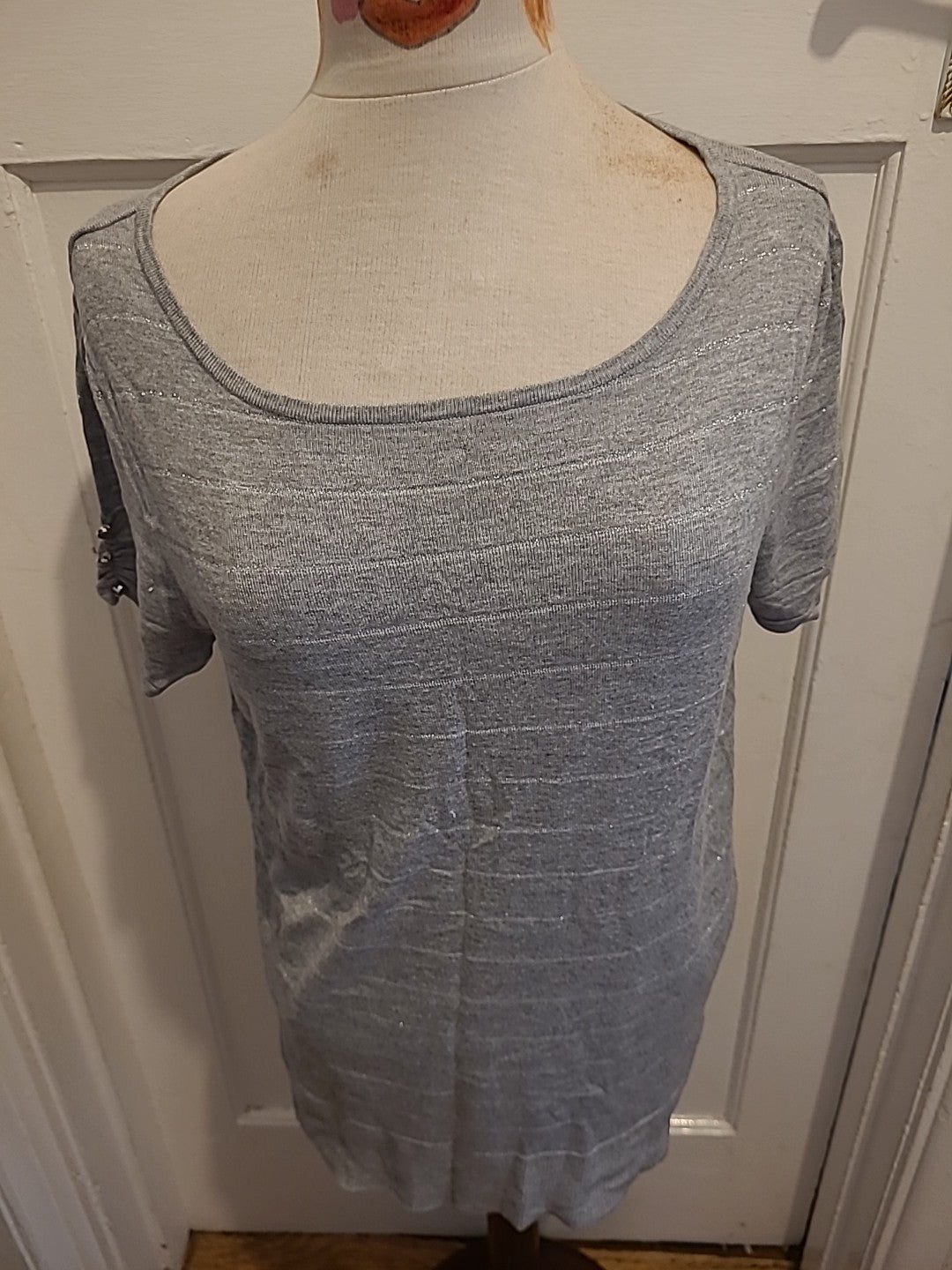 Ladies Size Medium Grey/Silver Striped Short Sleeved Tshirt