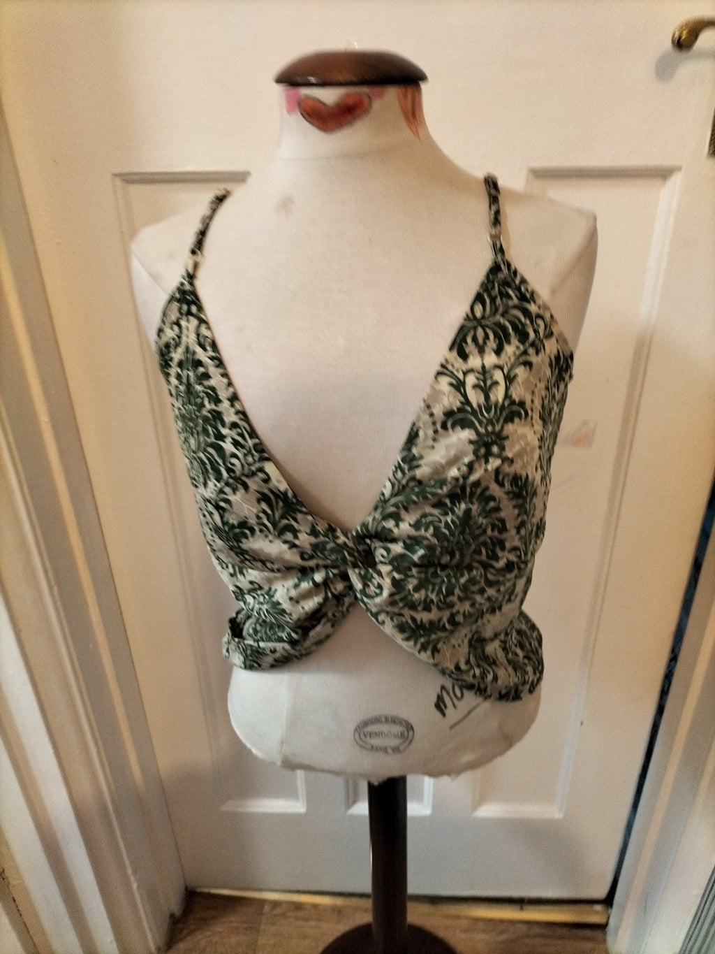Ladies Shein Size Small Green/Grey/White Knot Detail Sleeveless Blouse