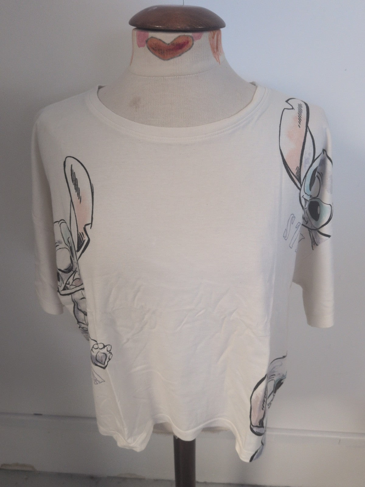 Primark Disney White Printed Stitch Short Sleeve Pyjama Top Medium