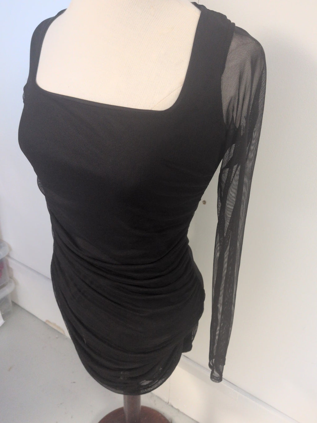 Boohoo 14 Black Mesh Long Sleeve Bodycon Dress