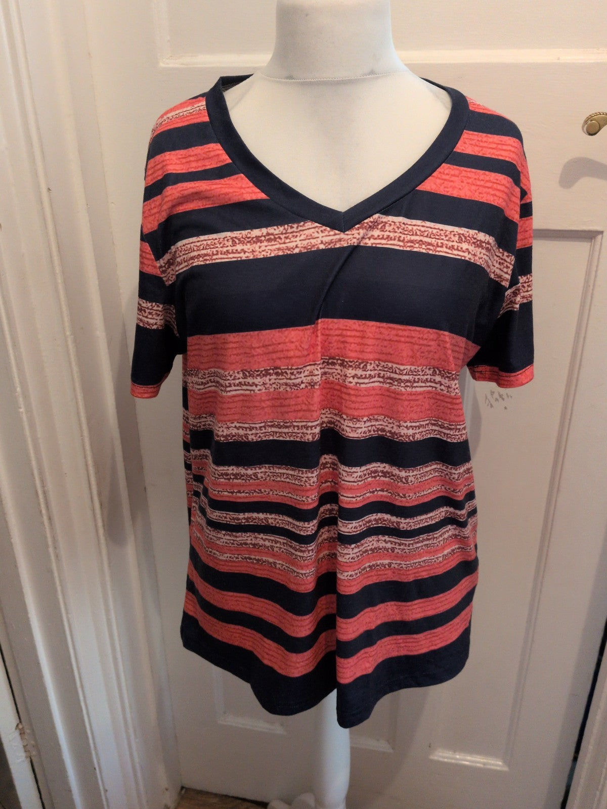 Large Coral And Navy Strip Short Sleeve T-shirt V Neck