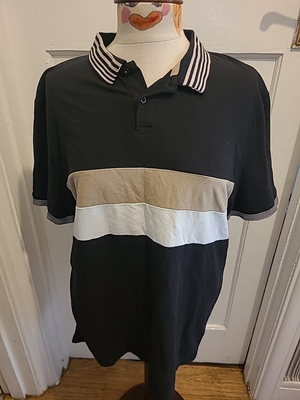 Mens Primark Size Medium Black/Beige Striped Polo