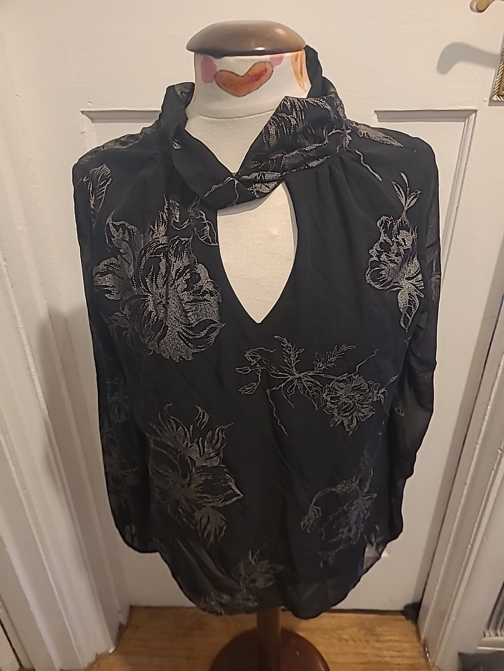 Ladies Roman Size 10 Black Silver Detailed Long Sleeved Blouse