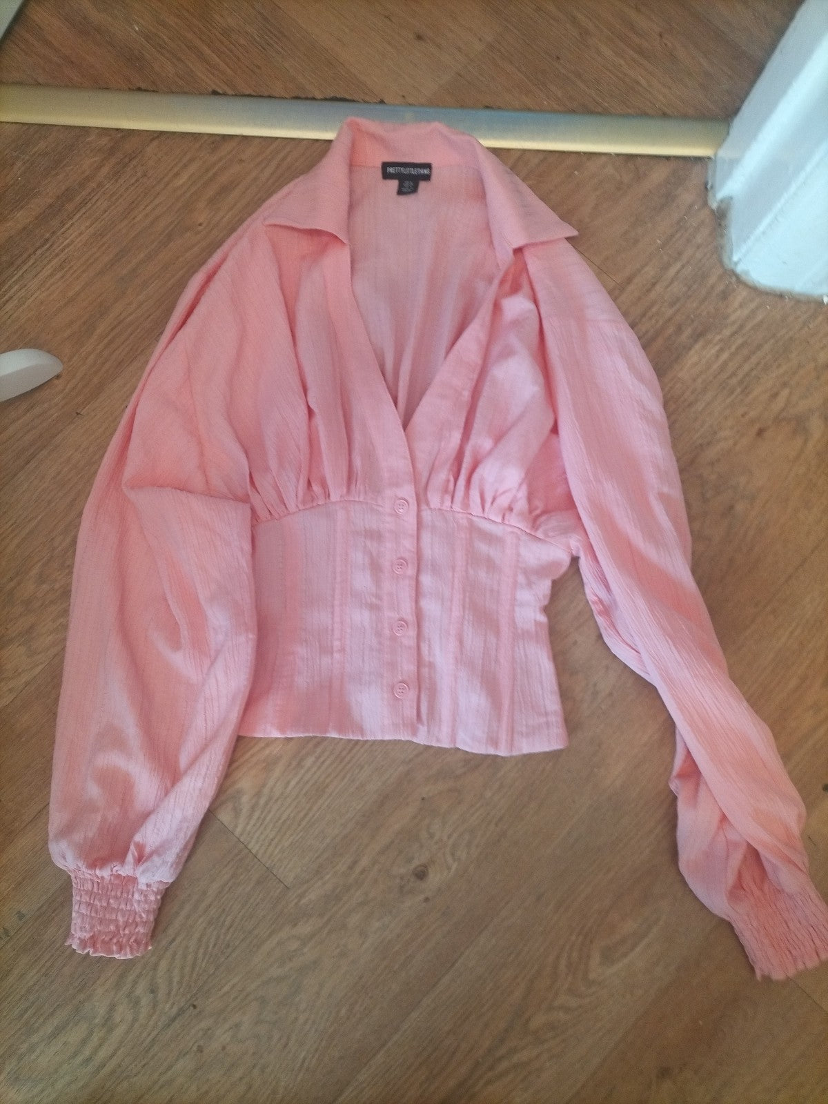 Prettylittlething 8 Pink Collared Long Sleeved Boned Waist Blouse
