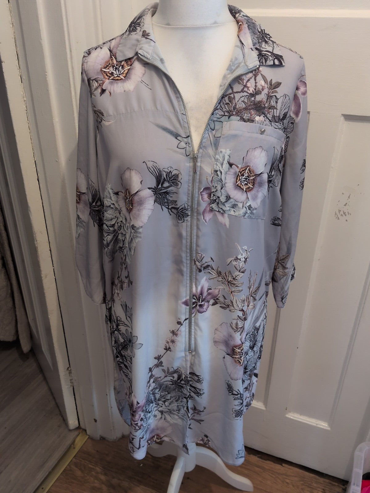 George 16 Grey Floral Long Sleeve Zipped Front Blouse