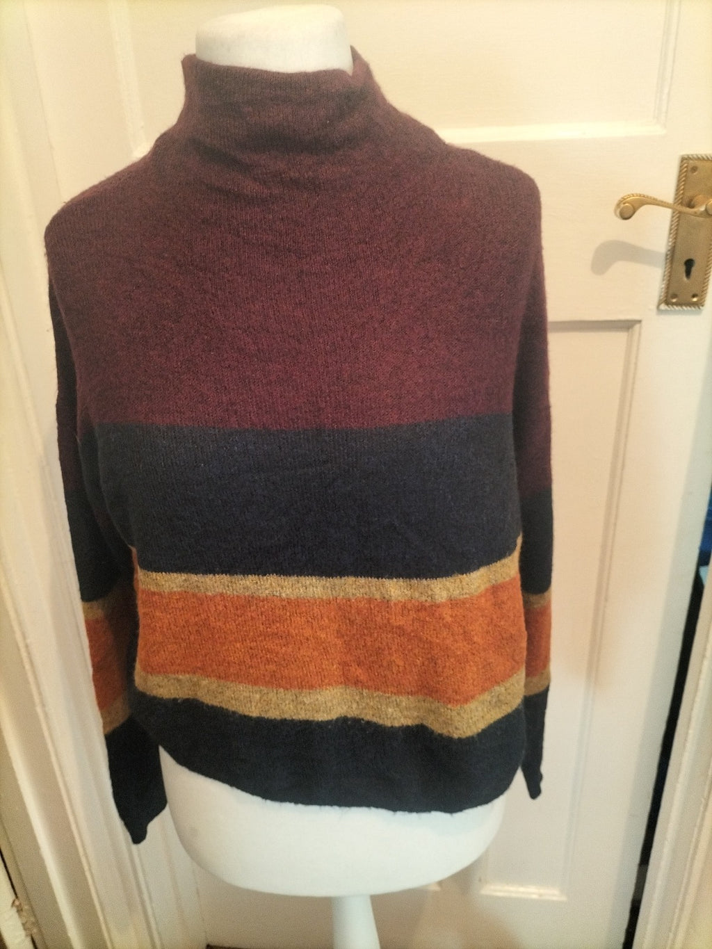 Ladies New Look Size Small Orange Navy Striped Long Sleeve Jumper