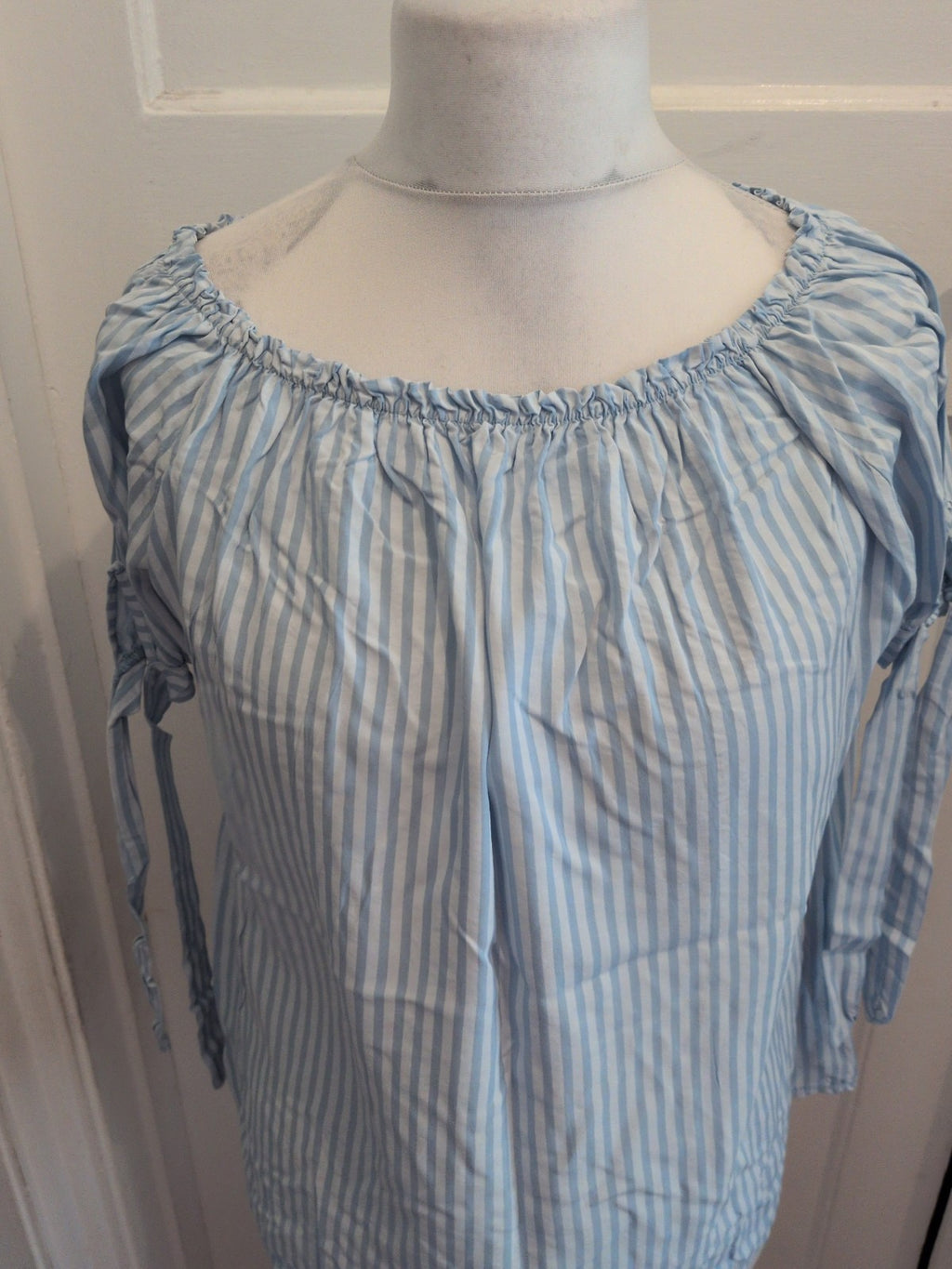 Medium Blue And White Stripe Short Sleeve Blouse