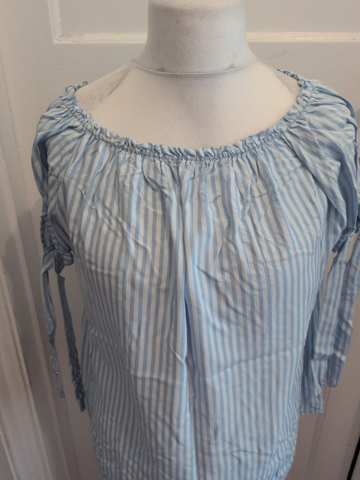 Medium Blue And White Stripe Short Sleeve Blouse