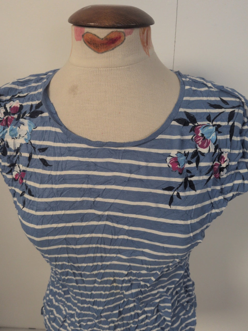 Ladies Bonmarche Size 10 Blue Stripe With Flower Short Sleeve T-shirt