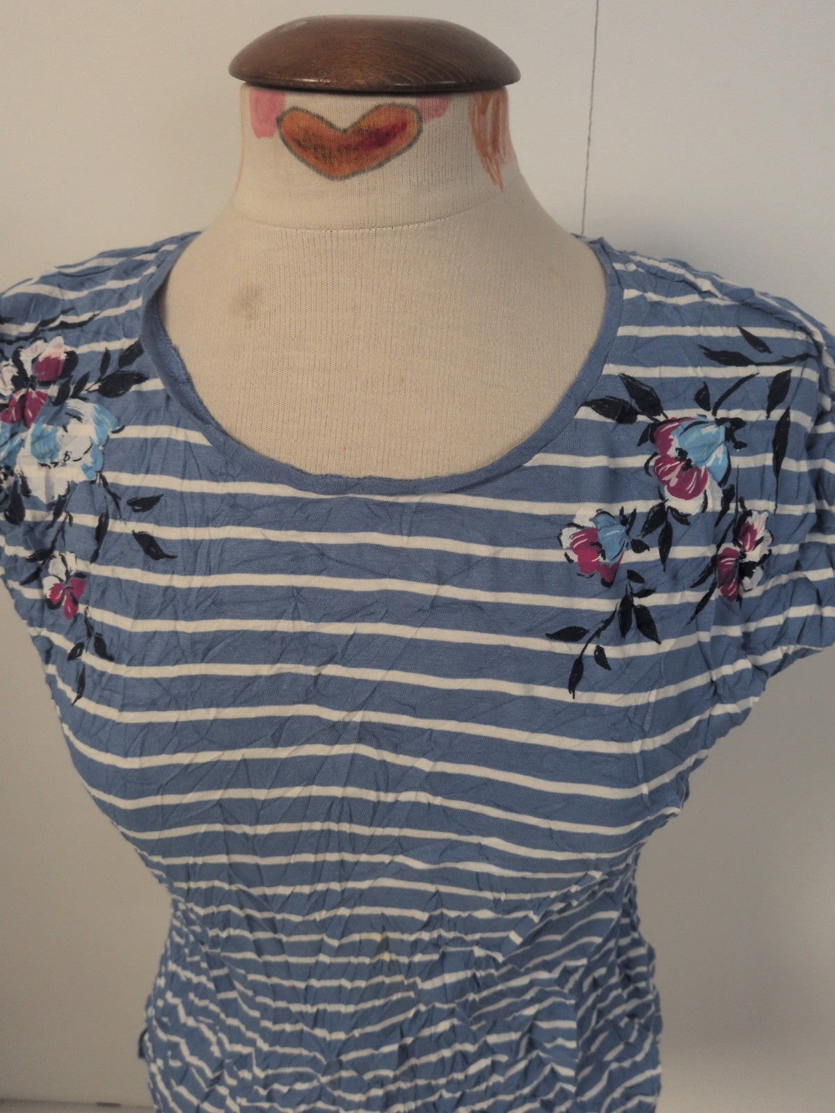 Ladies Bonmarche Size 10 Blue Stripe With Flower Short Sleeve T-shirt
