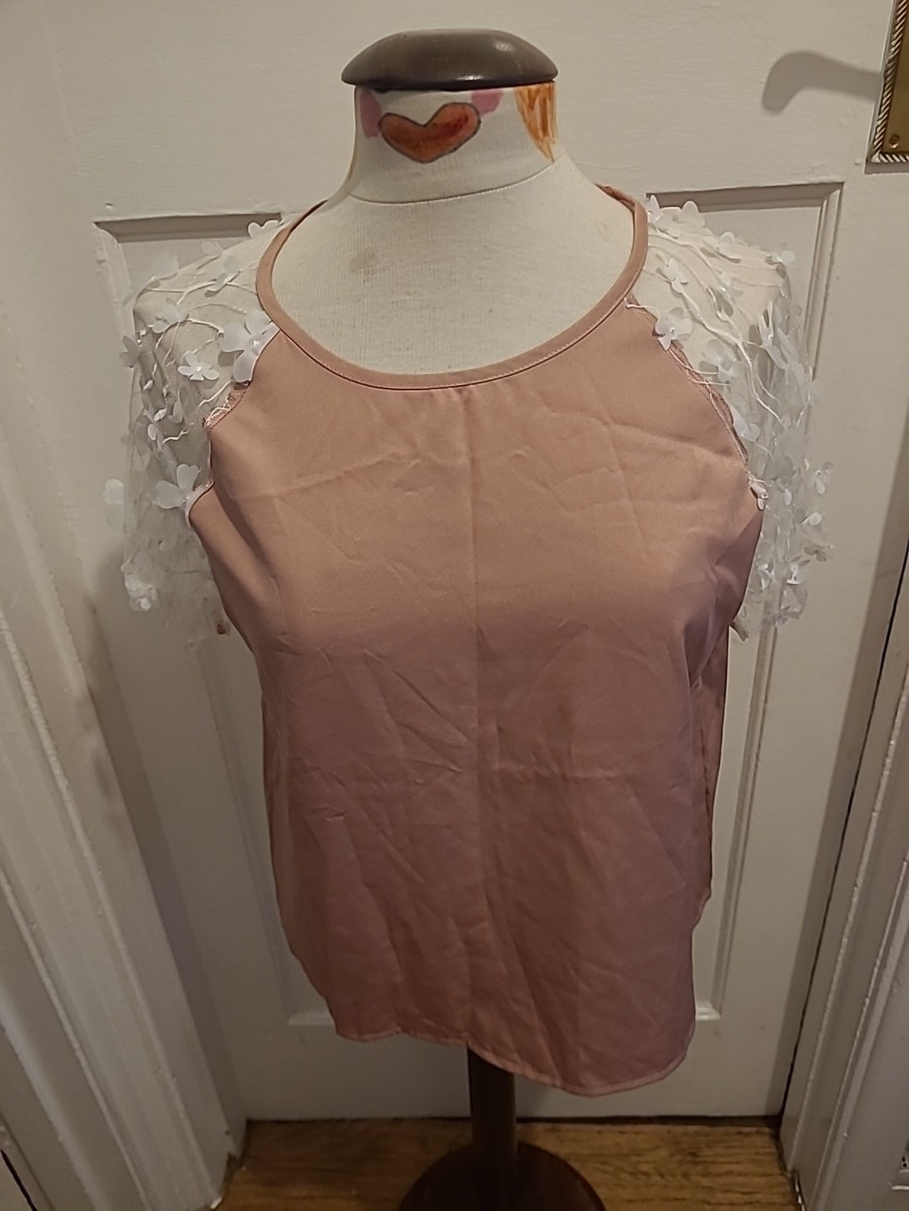 Ladies Shein Size Large Pink With White Floral Sleeve Tshirt