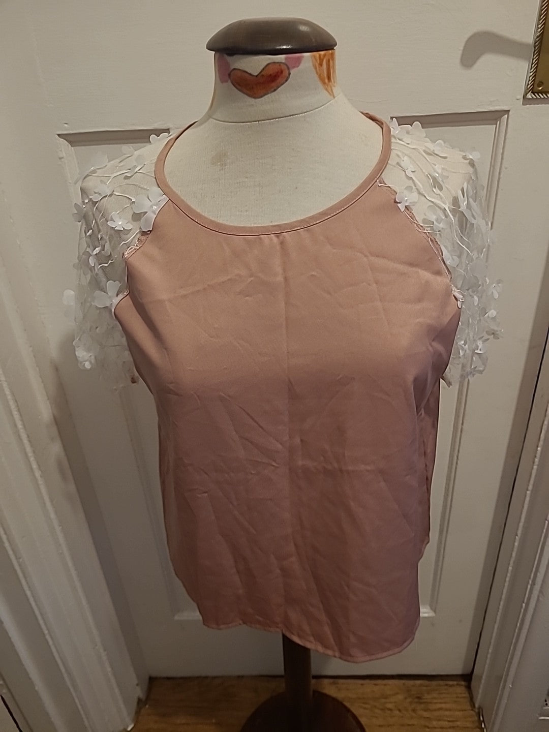 Ladies Shein Size Large Pink With White Floral Sleeve Tshirt