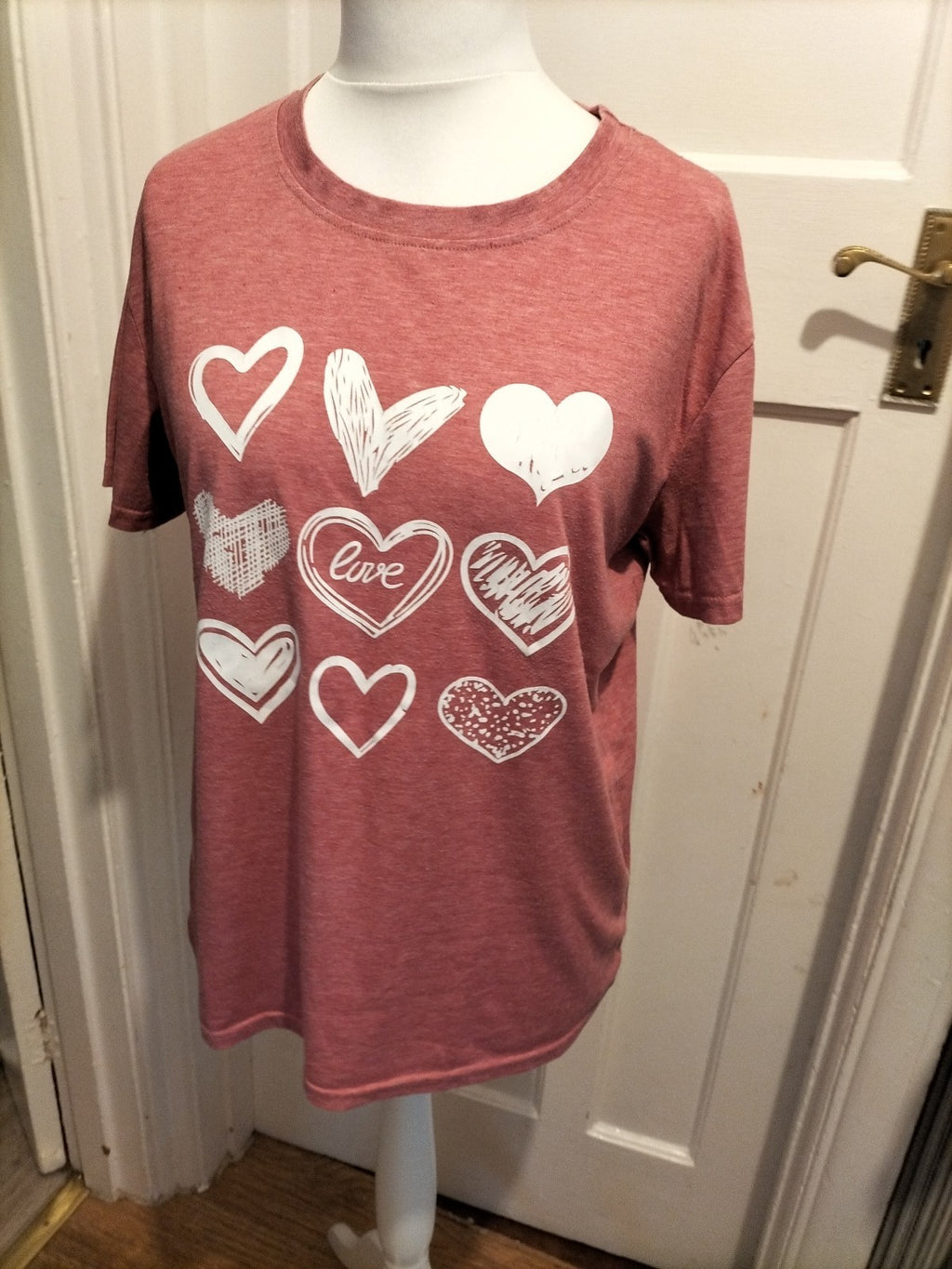 Ladies Size Large Pink With White Hearts Short Sleeved Tshirt