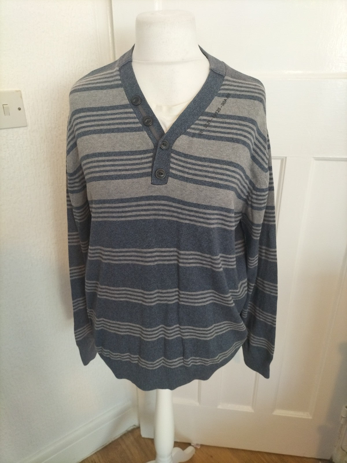Mens Next Size XL Navy And Grey Striped Pullover Jumper