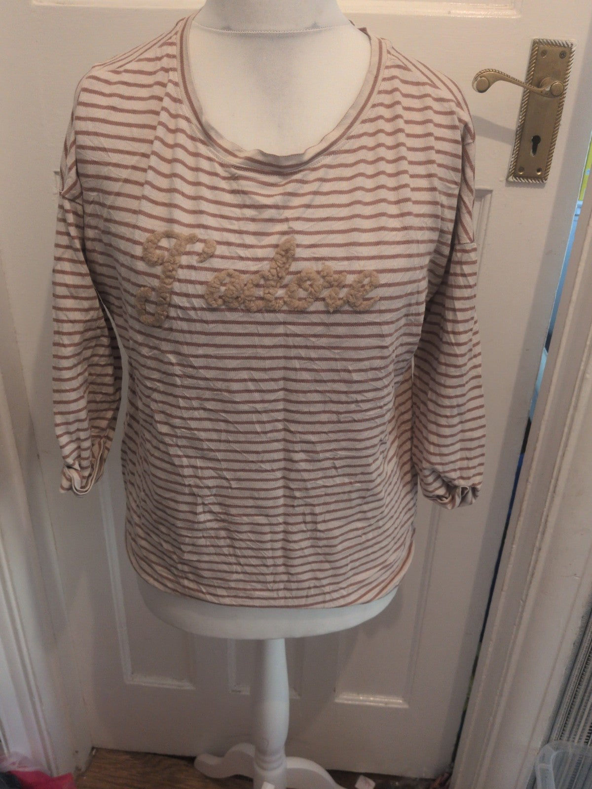 Beloved Medium Brown And White Half Sleeve Stripe T-shirt