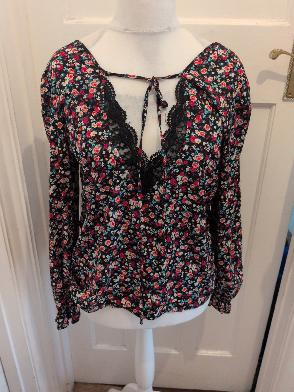Shein Large Black Floral With Black Lace V Neck Blouse