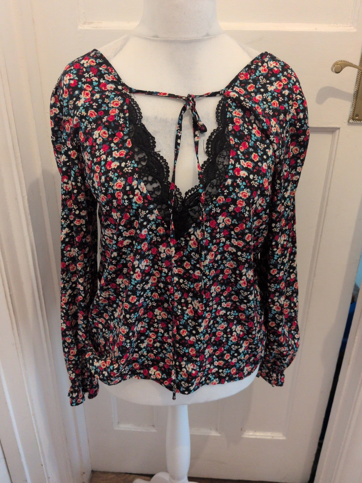 Shein Large Black Floral With Black Lace V Neck Blouse