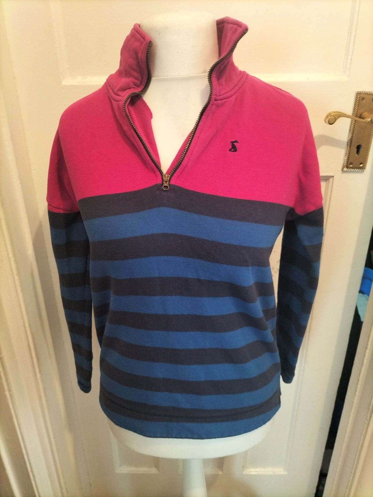 Ladies Joules Size 8 Pink/Navy And Blue Collared Pullover Jumper