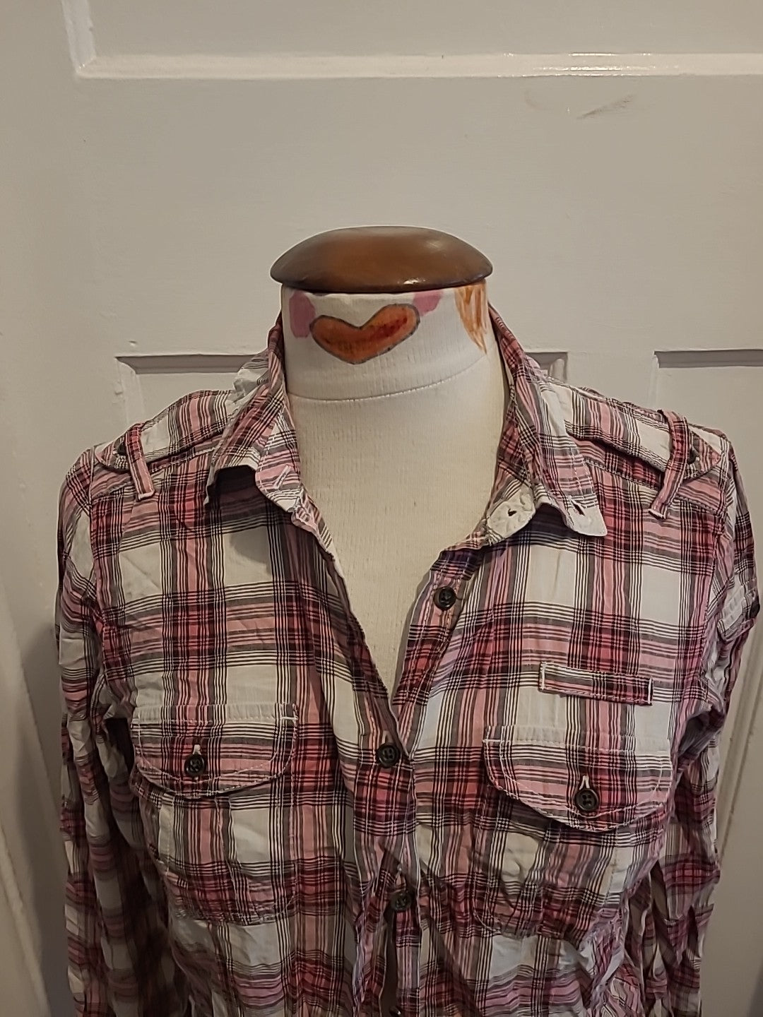 Ladies Gap Medium White Pink Check Long Sleeve Blouse