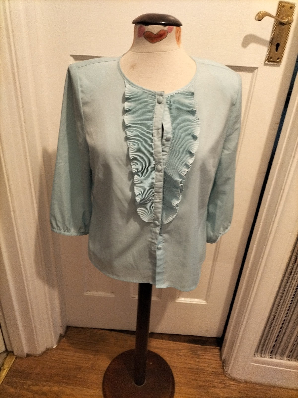 Ladies Eastex Size 12 Pale Turquoise Ruffle Short Sleeved Blouse