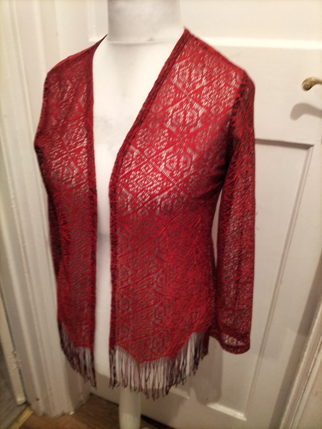 Small Burgundy Red Lace Tasseled Cardigan