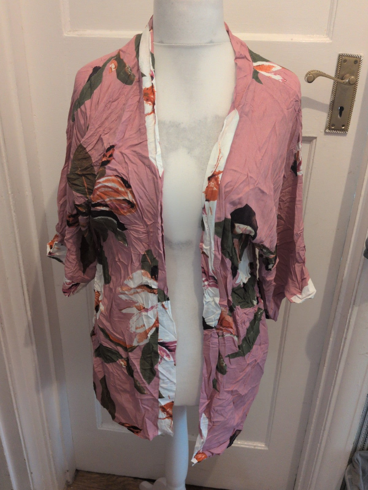 Large Pink Floral Short Sleeve Open Blouse