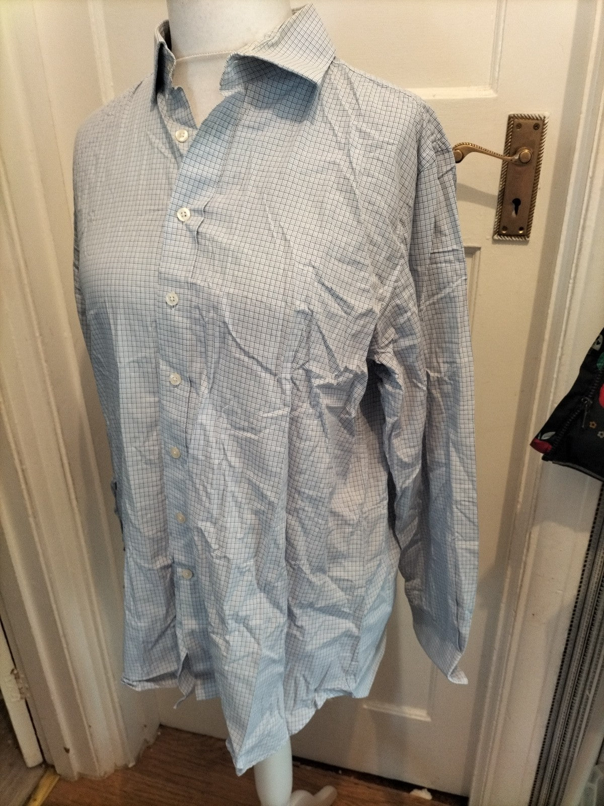 Mens Austin Reed Classic Fit 16.5 R Blue White Checked Long Sleeve Shirt