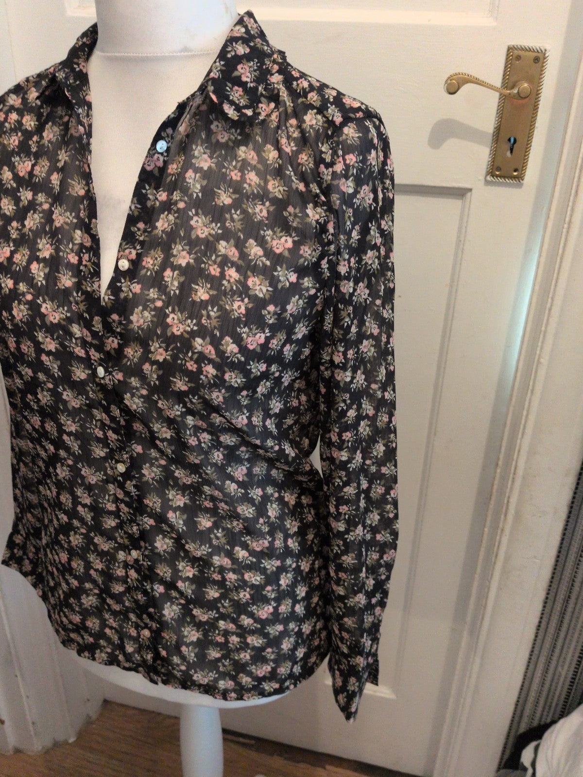Ladies H&M Size 10 Black Floral Semi See Through Long Sleeve Buttoned Blouse