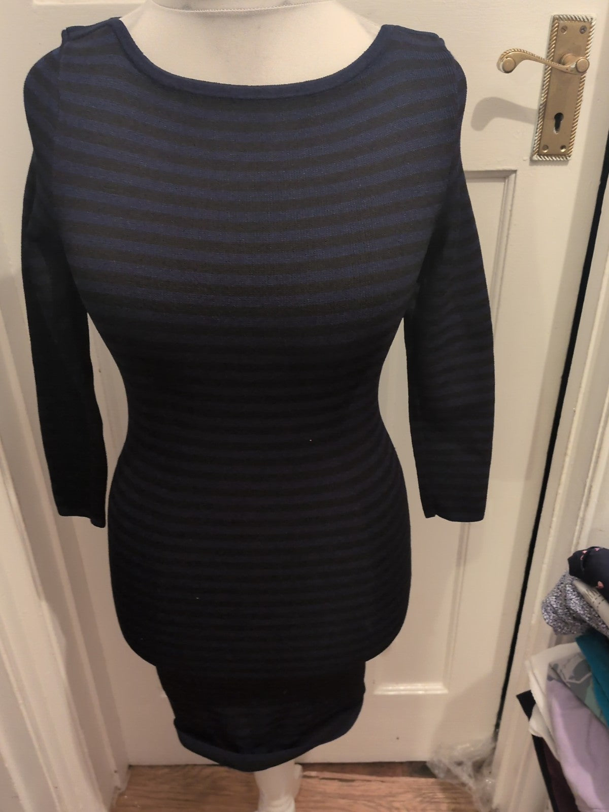 Bruuns Bazaar Small Black And Blue Striped Long Sleeve Dress