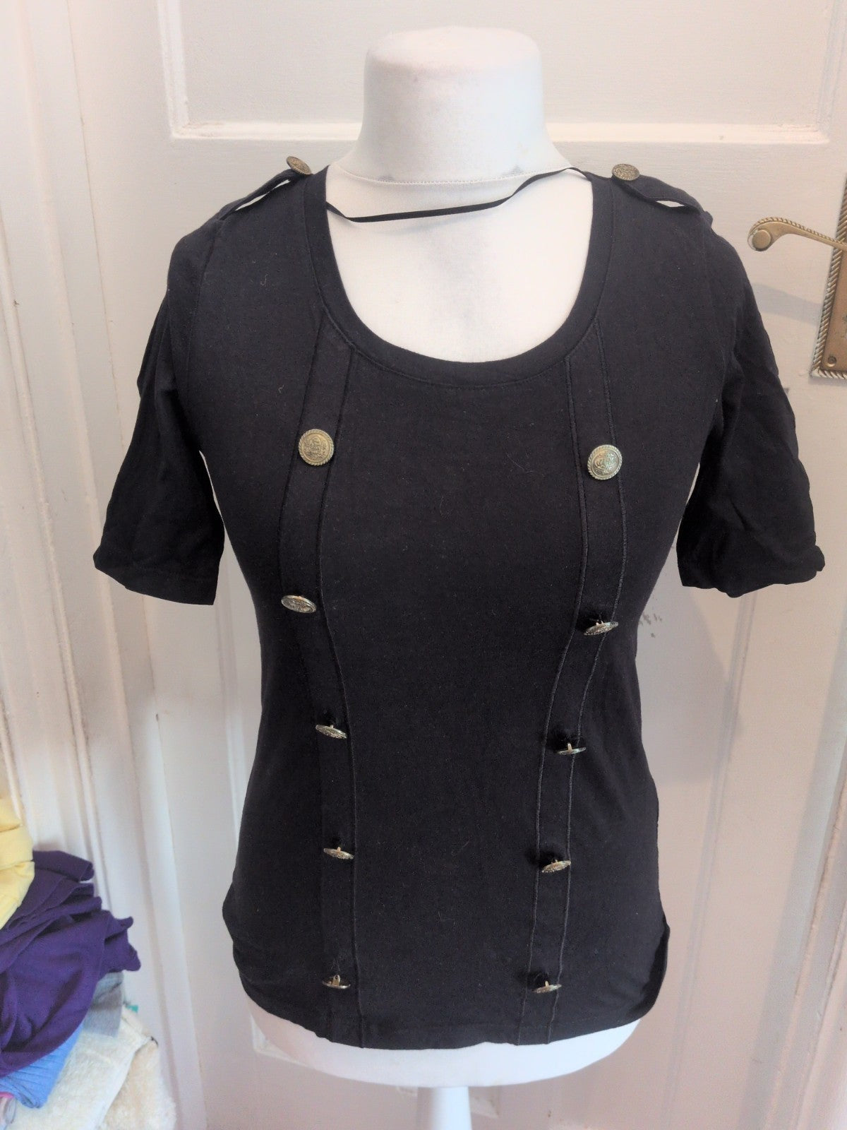 H&M 10 Black With Gold Buttons Imitation Short Sleeve Blouse