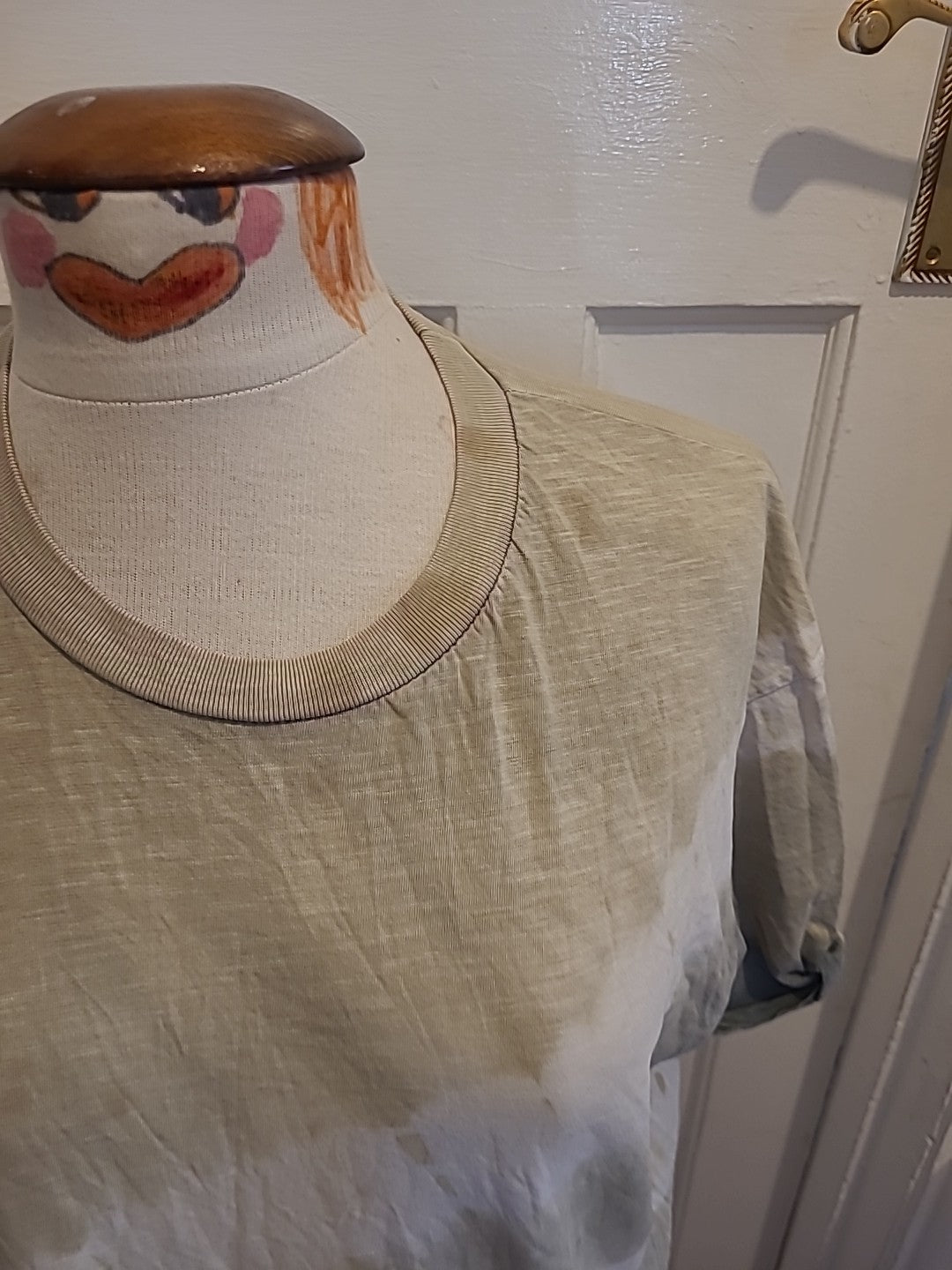 Mens Topman Size Medium Khaki And White Short Sleeved Tshirt(Hole By Label)