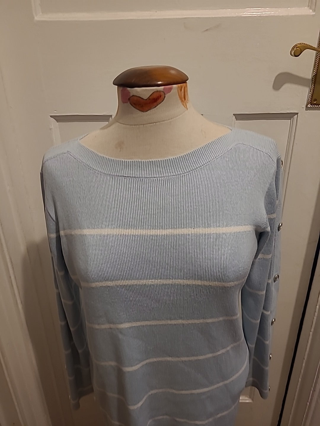 Ladies Damart Size 10-12 Pale Blue/White Striped Lightweight Pullover Jumper